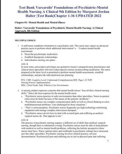 Test Bank Varcarolis’ Foundations of Psychiatric-Mental Health Nursing 9th Edition by Halter