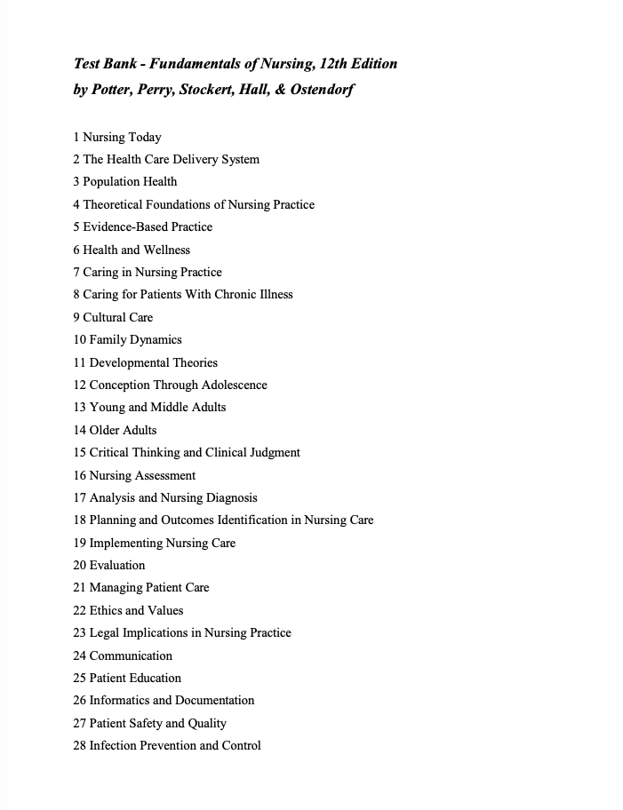 Test Bank Fundamentals of Nursing 12th Edition by Potter & Perry