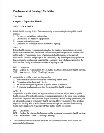 Test Bank Fundamentals of Nursing 12th Edition by Potter & Perry