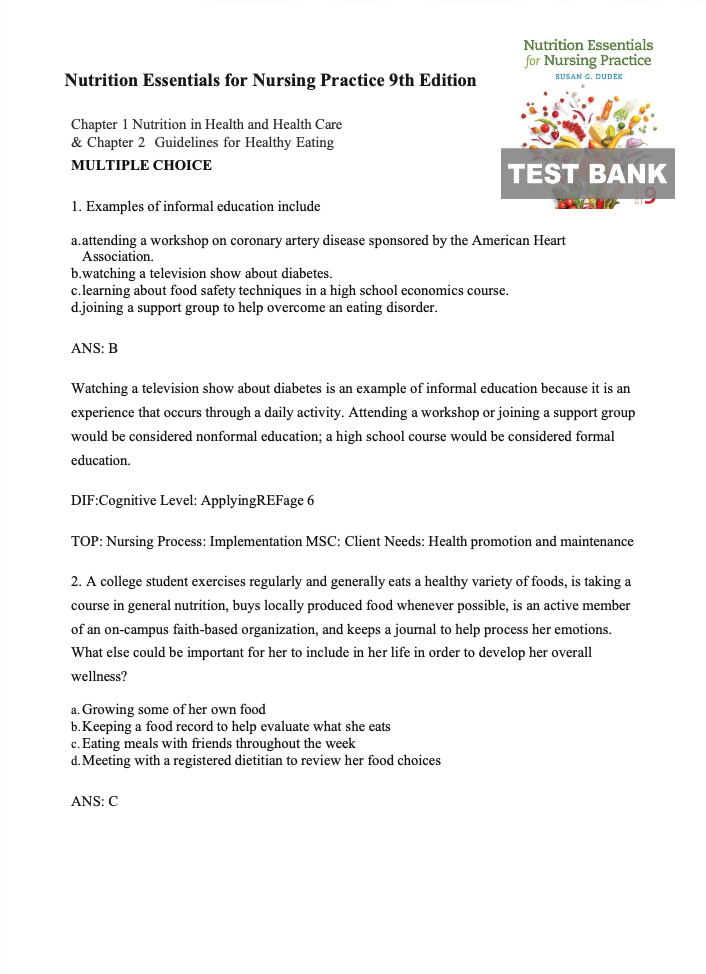 Test Bank Nutrition Essentials for Nursing Practice 9th by Susan G. Dudek.