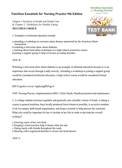 Test Bank Nutrition Essentials for Nursing Practice 9th by Susan G. Dudek.