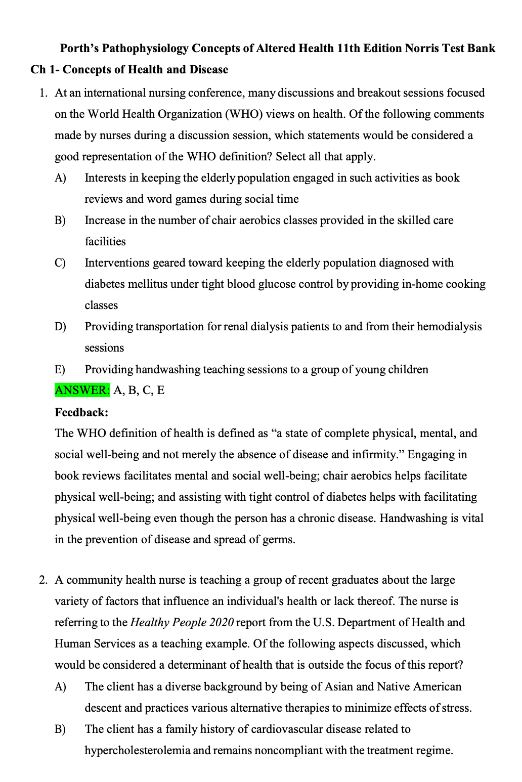 Test Bank Porth's Pathophysiology Concepts of Altered Health States 11th by Norris